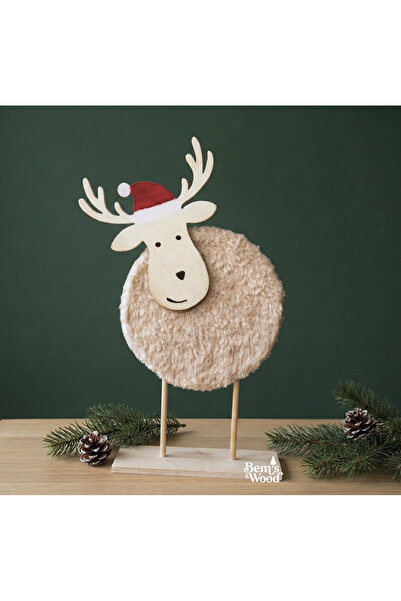 Bem's Wood Sevimli Ahşap & Peluş Yılbaşı Geyiği Figürü - Noel Şapkalı Dekor