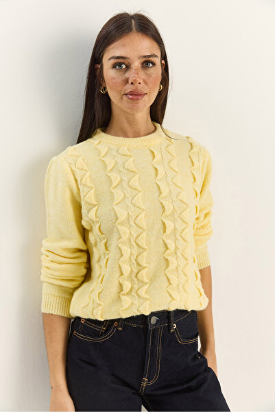 Bianco Lucci Women's Crew Neck Ruffled Soft Knitwear Sweater 60261184