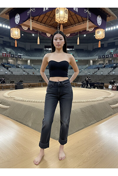 Limiteds جينز نسائي أسود مستقيم الساق بتصميم ياباني من قماش الدنيم الصلب 100%...