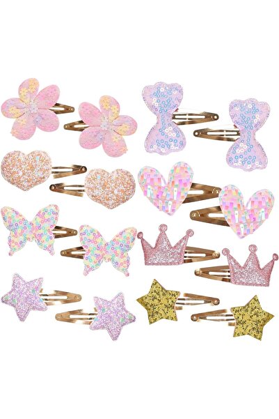 Yelajoy Girls Shiny Hair Clips, 8 Pairs (16 Pieces) Stainless Steel with Flower, Star, Crown, Heart