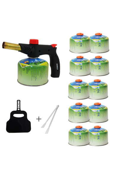 NURGAZ 1 Adet Çakmaklı Pürmüz + 10 Adet Yedek Kartuş +Karavan Kampüs Yelpaze ve Maşa Seti