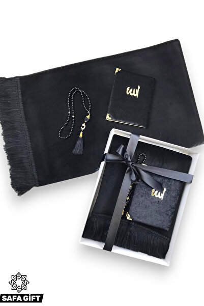 Safa Gift Lüks Çeyizlik Hediyelik Seccade Yasin Tesbih Seti, Kadife Dokulu, Y...