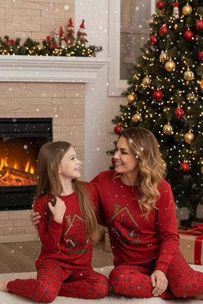 ELİTOL Thermal Christmas House Embroidered Mother-Daughter Pajama Set