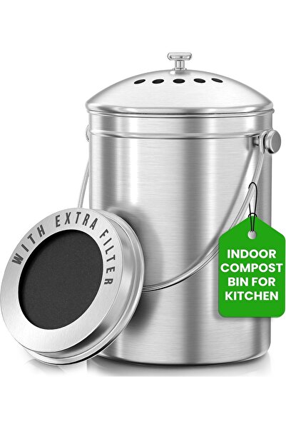 Utopia Kitchen صندوق سماد من الفولاذ المقاوم للصدأ - سعة 1.3 جالون، فلتر فحم