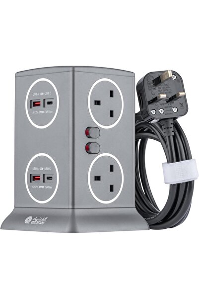 Alfanar Power Extension Burj Granada 6 Sockets with 4 Fast-Charge USB - Grey