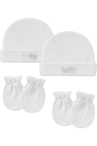 Duomama طقم قبعة وقفاز للأطفال حديثي الولادة - قبعتان قطنيتان أبيضتان مع زوجي...
