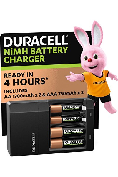 Duracell شاحن بطاريات سريع مع أربع بطاريات - بطاريتان AA وبطاريتان AAA