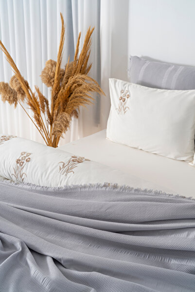 Rivaİstanbul Amara Stone Embroidered Double Size 100% Cotton Duvet Cover Set - 7 Piece Dowry Set