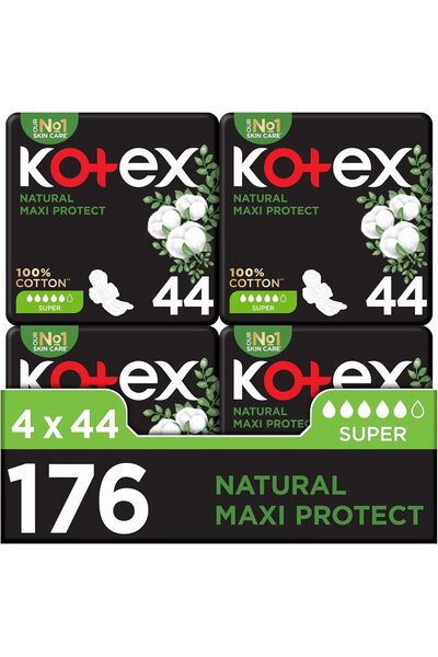 Kotex فوط صحية ماكسي بروتيكت سميكة طبيعية، 100% قطن، حجم كبير بأجنحة، 176 فوط...
