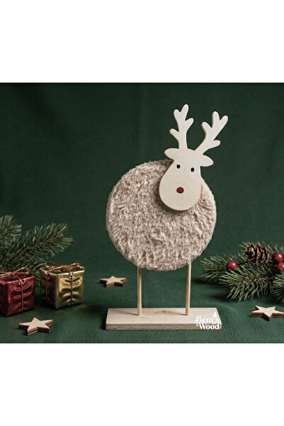 Bem's Wood Kırmızı Burunlu Ahşap & Peluş Yılbaşı Geyiği - Modern Masaüstü Dekoru