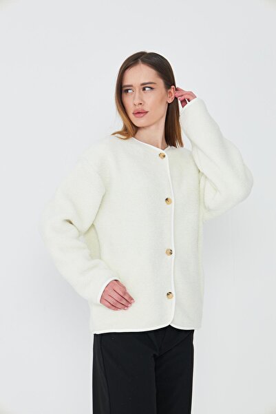 TUBİA Women's Ecru Color Plush Jacket with Stretchable Pockets