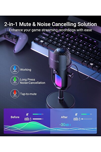 SYNTECH Gaming Microphone M100 - USB Condenser Mic with RGB, Mute Touch, Gain Knob