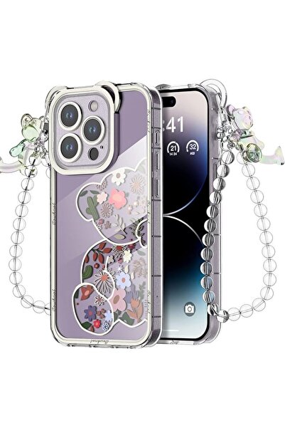 NALACAL جراب iPhone 14 Pro - تصميم دب زهري لطيف مع واقي للكاميرا وحزام