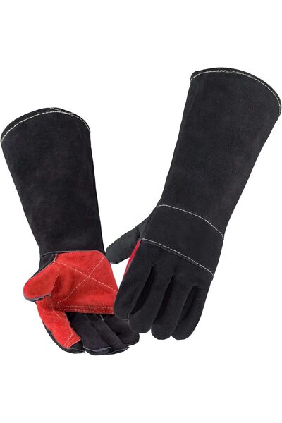 SYOSI قفازات لحام جلدية مقاومة للحرارة/النار، مقاس 17.7 بوصة (أسود)