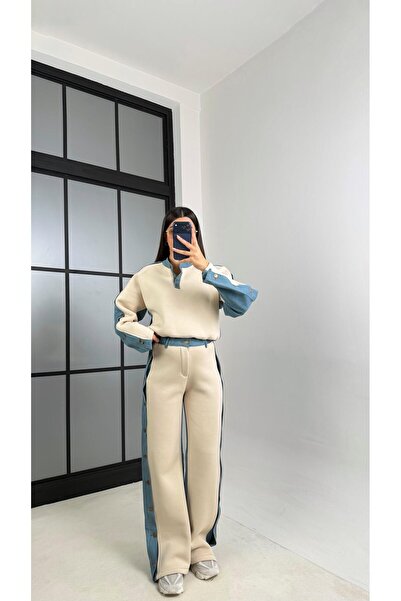 Gaus Stone Denim Detailed Fleece-Lined Sweatshirt Tracksuit Set Gaus-00839