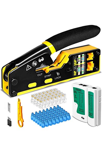 EXCEFORE طقم أدوات الضغط RJ45 - مجموعة ضغط لـ RJ11/12/RJ45 مع جهاز اختبار شبك...