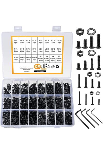 EXCEFORE M2-M5 Nuts & Bolts Assorted Set, 1225 Pcs Carbon Steel Hex Socket He...