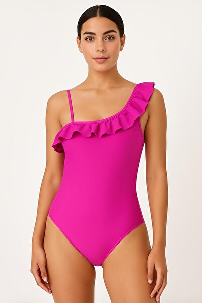 RAPAPA Γυναικείο φούξια μαγιό με έναν ώμο με βολάν – Κομψό και μοντέρνο σχέδιο-0208