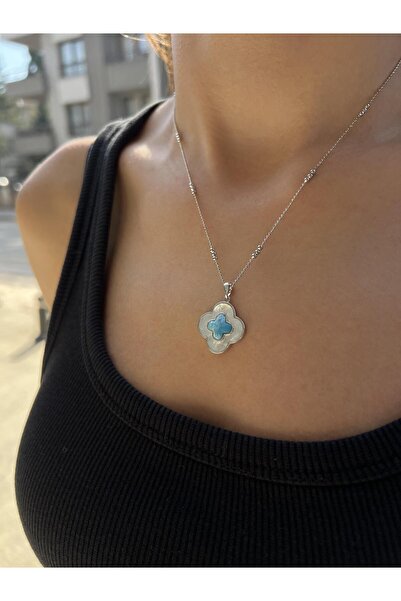 Tep's Jewellery Sedefli Gümüş Firuze Taşlı Yonca Kolye Ucu
