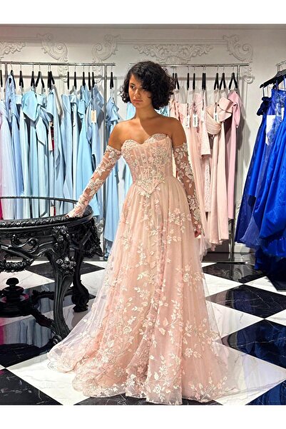 cercis فستان سهرة وردي دانتيل مطرز مع قلفز -