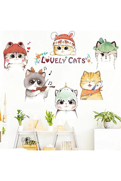 KASTWAVE ملصقات حائط من الفينيل - رسم كاريكاتوري يدوي لستة قطط صغيرة، قابلة ل...