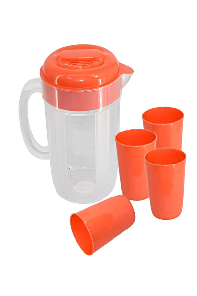 rexa إبريق ماء بلاستيكي شفاف مع غطاء برتقالي وأكواب متطابقة