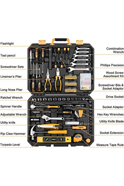 DEKOPRO 208 Piece Tool Set - General Household Hand Tool Kit with Plastic Too...