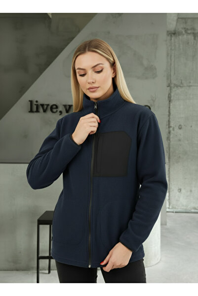 TKT Navy Blue Women's Fleece Jacket with Front Piece Detail and 3 Pockets