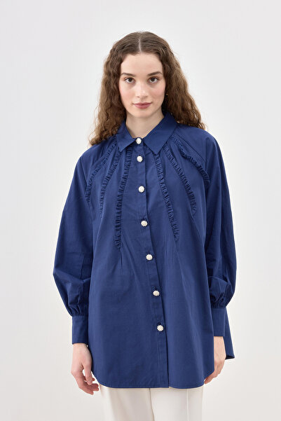 Lale Butik Stone Button Detailed Shirt Tunic 2844 Navy Blue