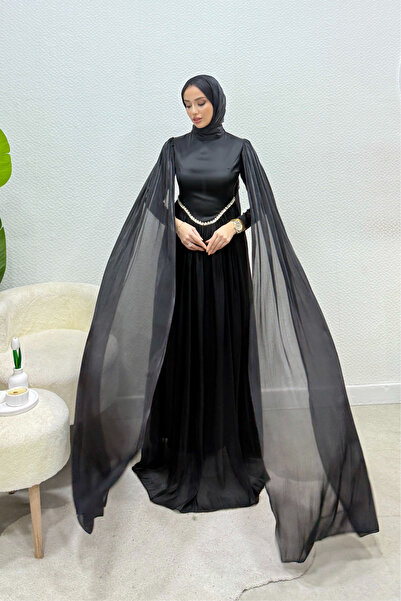 Tesettür Diyarı Νουάλ Φόρεμα Τεσεττούρ με Κεντημένη Πέτρα και Κάπα - Μαύρο