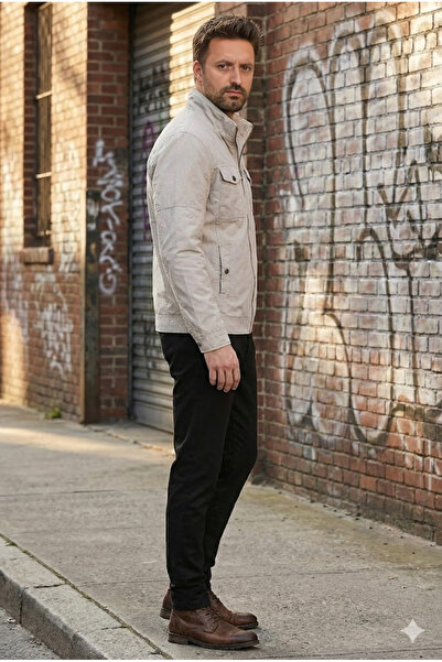 DYNAMO Comfortable Fit Mock Neck Stylish Slim Linen Coat with Front Zipper, Lined Interior, and Flap Pockets