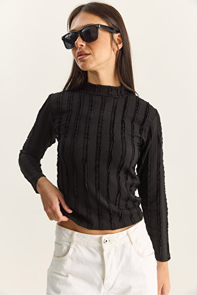 Bianco Lucci Γυναικεία μπλούζα με μισό λαιμό γκοφρέ 60601054
