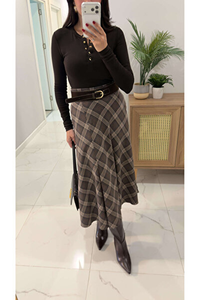 BİRCANÇİL Juyle Brown Beige Front Slit Panel Skirt