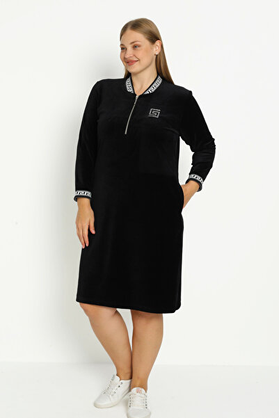 İntensive Women's Plus Size Black Cotton Velvet Pocket Zipper Print Detail Long Sleeve Dress