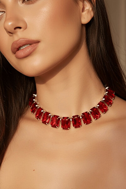 TAKIŞTIR Gümüş Renk Kırmızı Taş Detaylı Tasarım Abiye Kolye