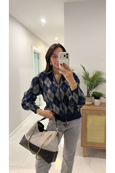 BİRCANÇİL Rensa Navy Blue Gray Argyle Patterned Cardigan