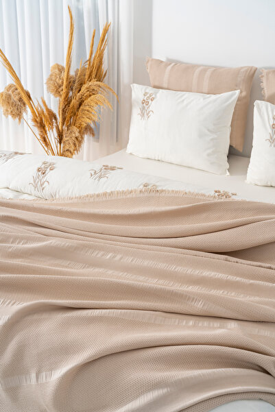 Rivaİstanbul Amara Cappuccino Embroidered Double Size 100% Cotton Duvet Cover Set - 7 Piece Dowry Set