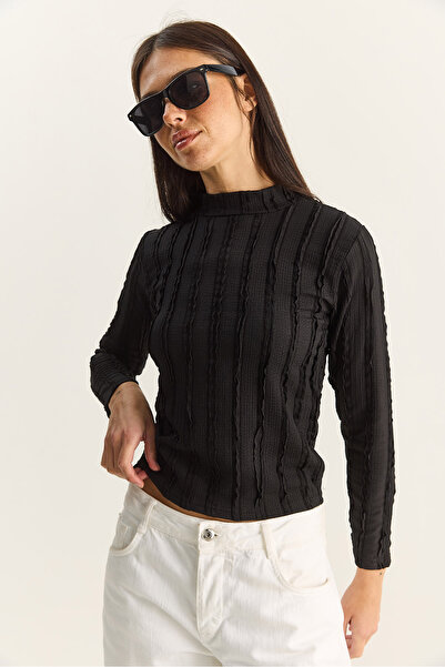 Bianco Lucci Γυναικεία μπλούζα με μισό λαιμό γκοφρέ 60601054