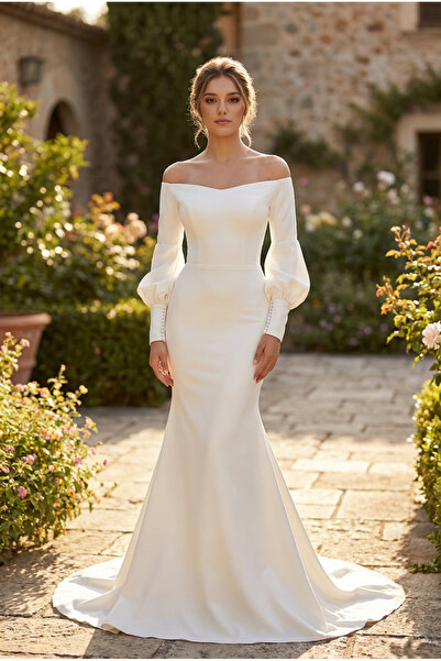 berissima bride Balık Nikah Elbisesi, Kırık Beyaz, Kayık Yaka, Astarlı, Uzun Kol, Fiora