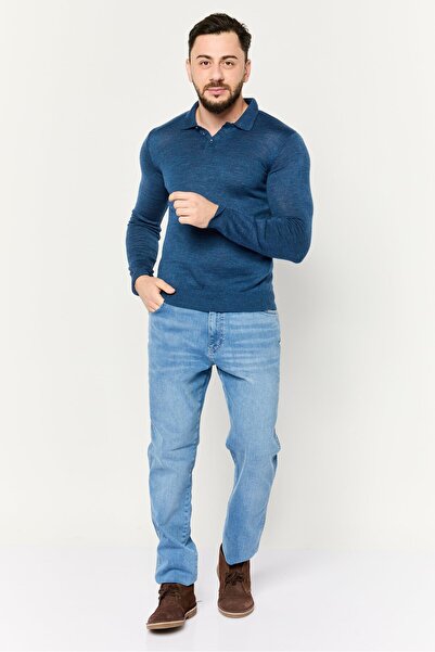 Trendyol Collection Men Knitted Half Button Sweater, Blue Heather