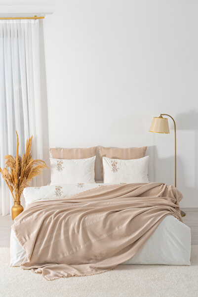 Rivaİstanbul Amara Cappuccino Embroidered Double Size 100% Cotton Duvet Cover Set - 7 Piece Dowry Set