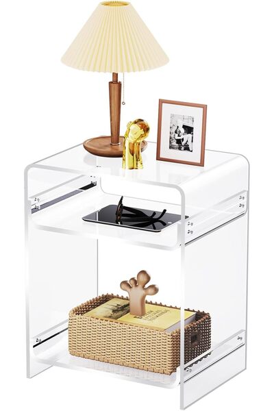 Slasa Clear Acrylic End Table Record Player Stand with Shelf – 30×40×50 cm