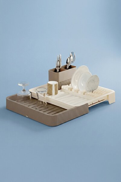 Fevito Krem Uzayabilir Sürgülü Bulaşık Sepeti, Lavabo/Tezgah Üstü Açılır Kapanır Bulaşıklık Kurutma Sepeti