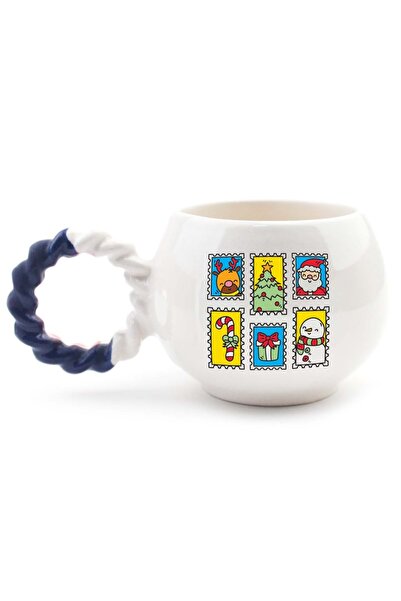 PALTO TASARIM Yılbaşı Kartpostal Tasarımlı El Yapımı Krem Parlak Baloncuk Fincan - Hediyelik Seramik Fincan