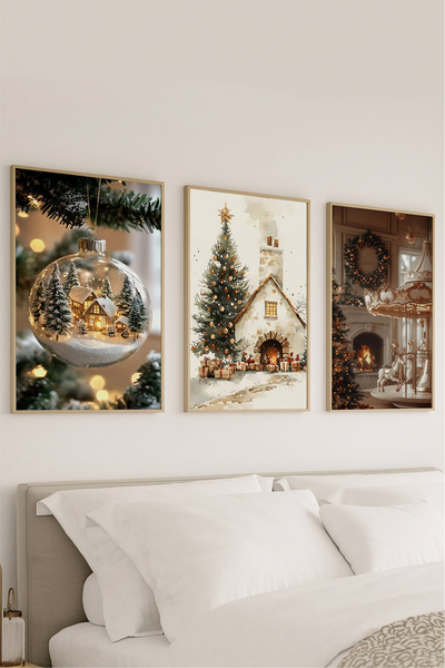 VOBA STORE 3 PARÇA YILBAŞI KAR TEMALI ÇERÇEVE GÖRÜNÜMLÜ MDF TABLO SETİ -128