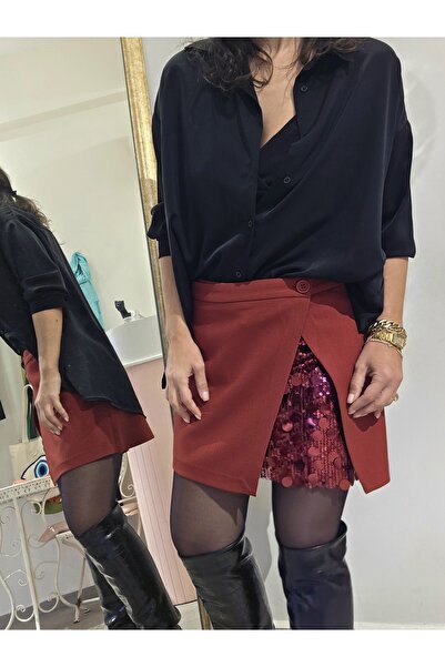 Butik Kadın, Astarlı, Yırtmaçlı, Pullu Payetli Mini Etek