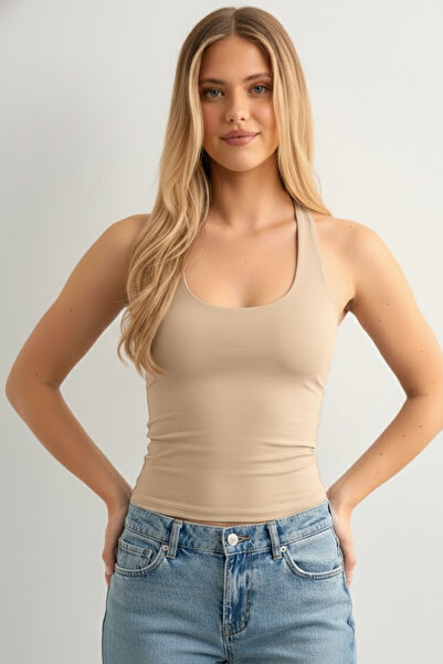 World Fashion Trends Μπεζ κορμάκι με λαιμόκοψη και κομμένο στο κάτω μέρος