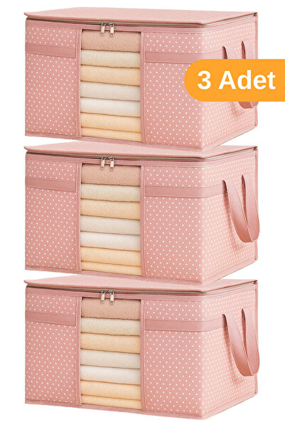 Serstil 3 Adet - Pencereli Kazak Kıyafet Hurcu 45 X 40 X 30 Cm - Pembe Benekli