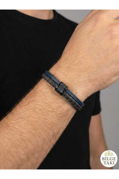 Bilge Takı سوار رجالي أسود منسوج مع تفاصيل جلدية زرقاء