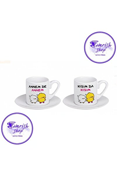 TOMRİSH SHOP Anne Kız Temalı Civciv Baskılı 2'li Türk Kahvesi Fincan Seti